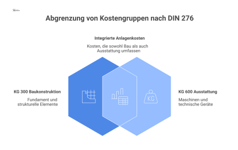 Infografik zeigt die Abgrenzung von Kostengruppen anhand einer Presse (KG 600) auf einem Maschinenfundament (KG 300) in einer Halle.