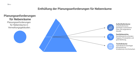 Infografik zu Planungsanforderungen für Nebenräume in Verwaltungsgebäuden, strukturiert in Aufenthalts-, Sanitär- und Technikräume mit Icons für Spezifikationen. 
