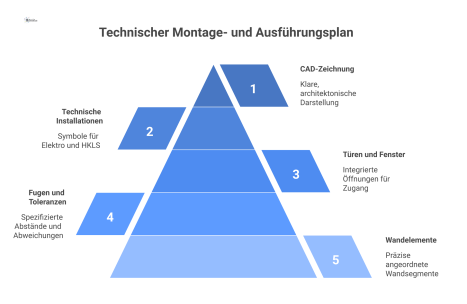 Detaillierter Blueprint eines Montageplans, der die Anordnung von Wandelementen mit Fugen, Anschlüssen, Türen, Fenstern und technischen Installationen zeigt. 