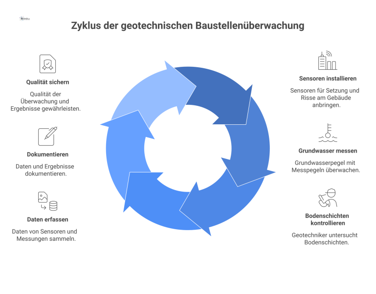 Diagramm zur geotechnischen Baustellenüberwachung Querschnitt einer tiefen Baugrube neben einem Altbau mit Sensoren für Setzung und Risse, Grundwassermesspegel und Geotechniker.