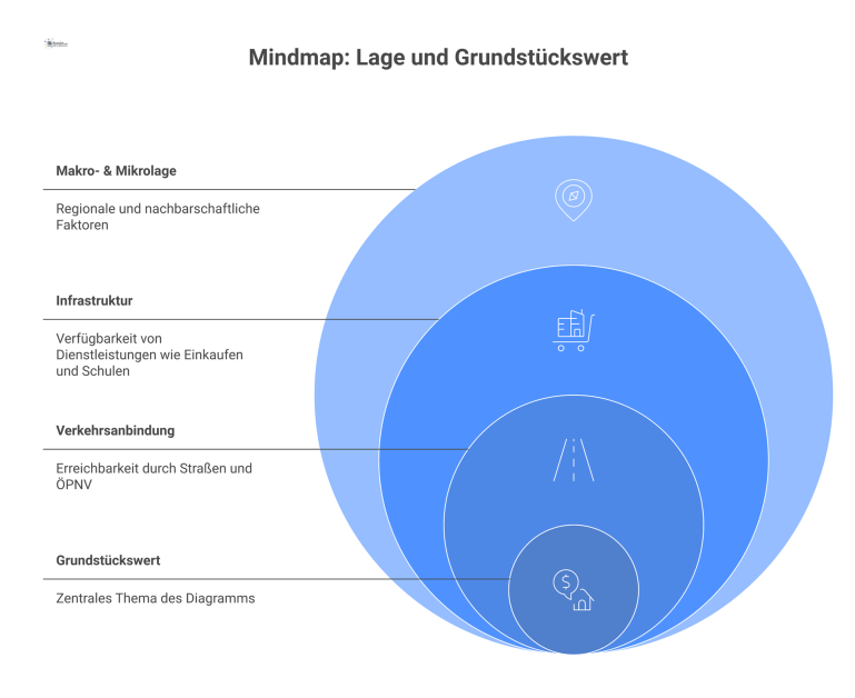 Eine Mindmap, die den Einfluss der Lage auf den Grundstückswert darstellt, mit Ästen für Verkehrsanbindung, Infrastruktur sowie Makro- und Mikrolage.