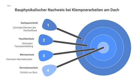 Infografik eines Dachquerschnitts mit Icons für die Schutzziele Feuchteschutz, Wärmeschutz und Korrosionsschutz bei Klempnerarbeiten am Dach. 
