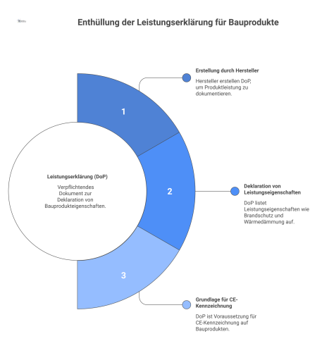 Infografik, die den Prozess der Leistungserklärung (DoP) von der Erstellung durch den Hersteller bis zur verpflichtenden CE-Kennzeichnung zeigt. 