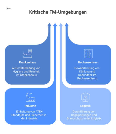 Infografik zum Facility Management in kritischen Umgebungen, die die Bereiche Krankenhaus, Rechenzentrum, Industrie und Logistik mit Icons darstellt.