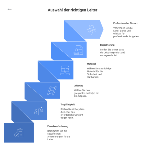Flussdiagramm zur Auswahl einer professionellen Leiter, das Kriterien wie Tragfähigkeit, Material und Leitertyp für den normgerechten Einsatz berücksichtigt. 