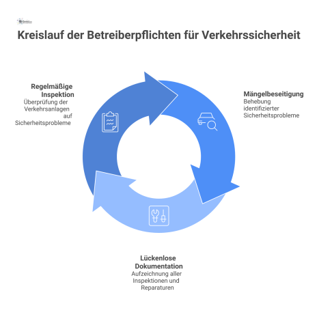  Infografik, die den Kreislauf der Betreiberpflichten in drei Schritten zeigt: Regelmäßige Inspektion, Mängelbeseitigung und lückenlose Dokumentation.