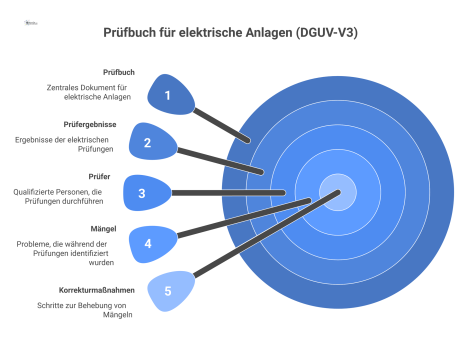 Infografik zum Prüfbuch für elektrische Anlagen gemäß DGUV-V3, die dessen Schlüsselelemente wie Prüfer, Mängel und Korrekturmaßnahmen zeigt. 