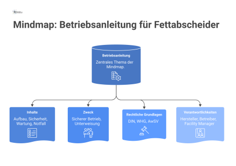 Mindmap-Diagramm zur Betriebsanleitung für Fettabscheider, unterteilt in die Hauptzweige Inhalte, Zweck, rechtliche Grundlagen und Verantwortlichkeiten. 