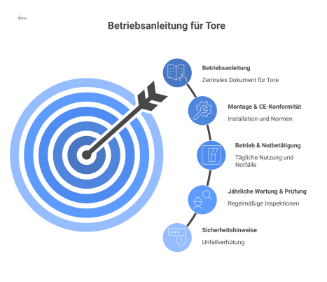 Infografik zeigt zentrale Elemente einer Betriebsanleitung für Tore: Montage, Betrieb, jährliche Wartung und Sicherheitshinweise zur Unfallverhütung.