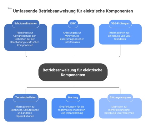 Mindmap mit der Betriebsanweisung für elektrische Komponenten im Zentrum und Zweigen zu Schutzmaßnahmen, technischen Daten, EMV und Wartung. 