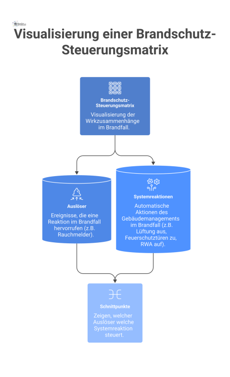 Matrixdiagramm, das die Wirkzusammenhänge der Brandschutz-Steuerung zeigt: Welche Auslöser wie Rauchmelder welche Systemreaktionen wie das Schließen von Feuerschutztüren steuern. 