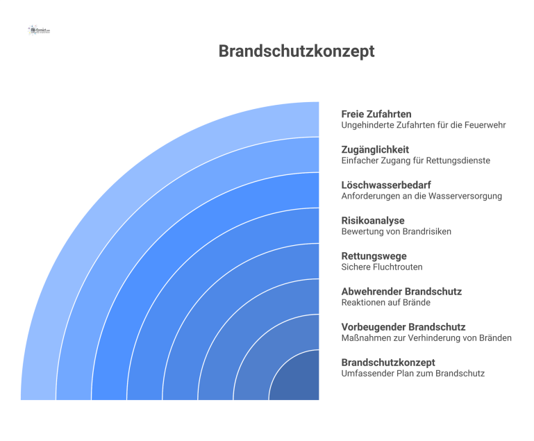 Visualisierung eines Brandschutzkonzepts Diagramm zum Brandschutzkonzept mit den zwei Pfeilern 'vorbeugender' und 'abwehrender' Brandschutz und Aspekten wie Rettungswege und Risikoanalyse.