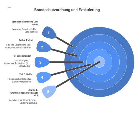  Infografik, die die Brandschutzordnung DIN 14096 und das Alarm- und Evakuierungskonzept ASR A2.3 mit ihren jeweiligen Unterpunkten darstellt. 