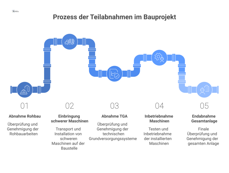 Flussdiagramm zum Prozess der Teilabnahmen Flussdiagramm visualisiert den chronologischen Prozess der Teilabnahmen in einem Bauprojekt, von der Rohbauabnahme bis zur finalen Endabnahme.