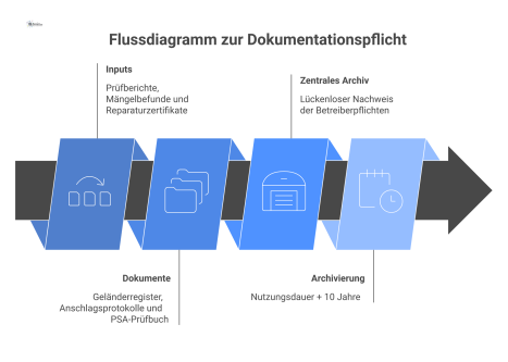 Flussdiagramm, das den Weg von Prüfberichten und Zertifikaten in Dokumente wie das Geländerregister bis zum zentralen Archiv zeigt.