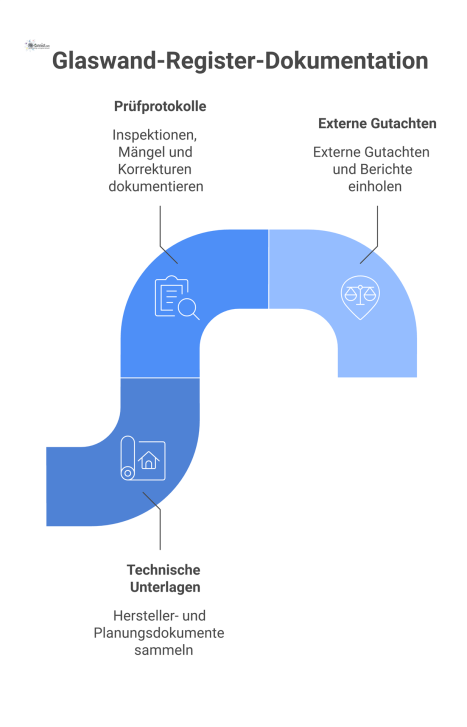 Infografik über die Dokumentationspflichten für ein Glaswand-Register, unterteilt in technische Unterlagen, Prüfprotokolle, Gutachten und eine Zeitleiste zur Aufbewahrungsfrist.