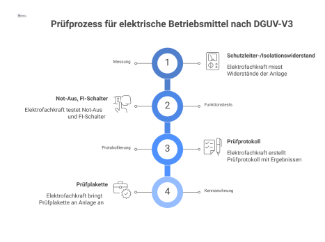 Infografik des Prüfprozesses nach DGUV-V3: Eine Elektrofachkraft führt Messungen und Funktionstests an einer elektrischen Anlage durch.