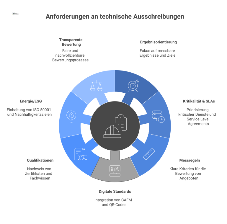 Infografik: Anforderungen technische Ausschreibung Ein Hub-and-Spoke-Diagramm, das die sieben Kernanforderungen einer technischen Ausschreibung mit Icons wie Ergebnisorientierung, SLAs und digitalen Standards visualisiert.