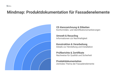 Eine Mindmap zur technischen Produktdokumentation mit den Hauptkategorien Prüfberichte, Konstruktion, Umwelt und CE-Kennzeichnung.