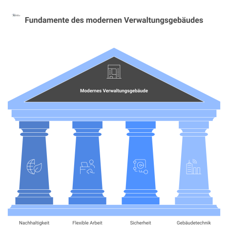 Infografik eines modernen Verwaltungsgebäudes, das auf vier Säulen ruht: Nachhaltigkeit, flexible Arbeit, Sicherheit und Gebäudetechnik.