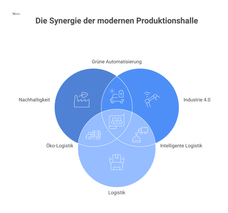 Infografik einer modernen Produktionshalle als zentraler Hub mit den vier verbundenen Bereichen Nachhaltigkeit, Industrie 4.0, Logistik und Sicherheit.