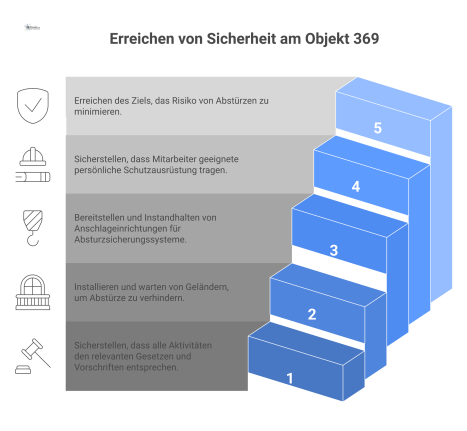 Infografik zur Absturzsicherung: Ein Schild gestützt von den drei Säulen Geländer, Anschlageinrichtungen und PSAgA auf einem Fundament.