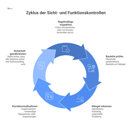 Technische Checkliste als Diagramm, das eine Person bei der systematischen Sicht- und Funktionskontrolle von Bauteilen anhand von Piktogrammen zeigt.