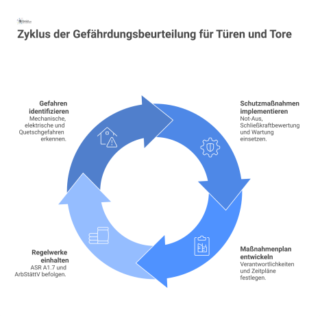 Mindmap zur Gefährdungsbeurteilung für Türen und Tore. Hauptzweige sind Gefahren, Schutzmaßnahmen, Ergebnis als Maßnahmenplan und die relevanten Regelwerke. 