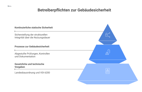 Hierarchisches Diagramm der Betreiberpflichten, basierend auf gesetzlichen und technischen Vorgaben, die zu Prozessen wie Prüfungen und Kontrollen führen.