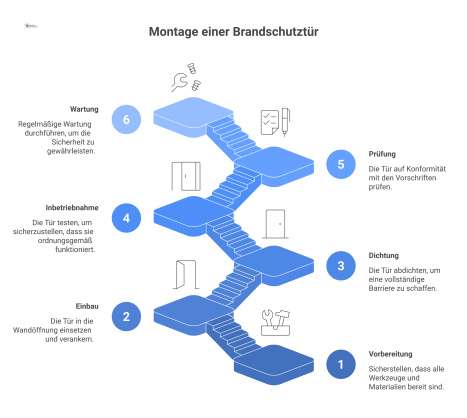 Infografik zum Montageprozess einer Brandschutztür, die den korrekten Einbau, Verankerung, Dichtung, Inbetriebnahme und Wartung für geprüfte Sicherheit darstellt. 