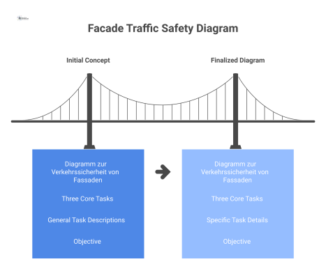 Prozessdiagramm zur Fassadensicherheit, das die drei Kernaufgaben Überwachung, Gefahrenabwehr und langfristiger Erhalt zur Gewährleistung der Standsicherheit zeigt. 