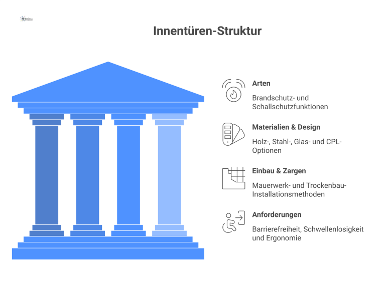 Eine Mindmap mit dem zentralen Thema 'Innentüren' und den Hauptkategorien Arten, Materialien, Einbau & Zargen sowie Anforderungen wie Barrierefreiheit.