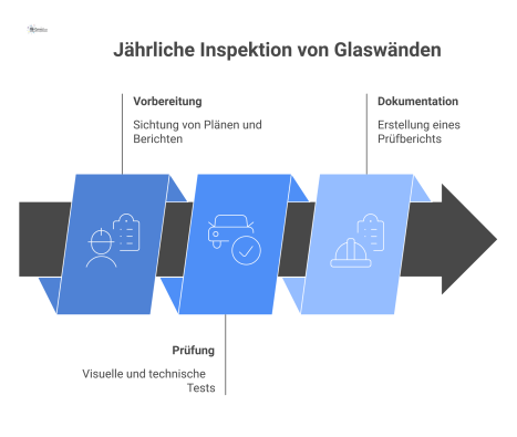Ein Flowchart, das den Prozess der jährlichen Inspektion von Glaswänden in den Phasen Vorbereitung, Prüfung und Dokumentation zeigt.