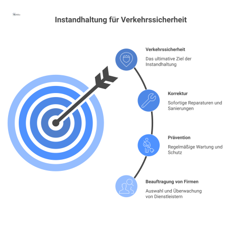 Infografik zur Instandhaltung für Verkehrssicherheit, die präventive und korrektive Maßnahmen sowie die Beauftragung von Firmen mit Icons visualisiert.