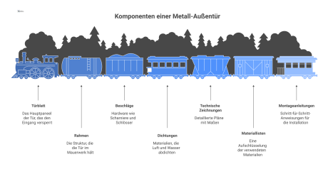 Detaillierte Explosionszeichnung einer modernen Metall-Außentür, die Türblatt, Rahmen, Beschläge und Dichtungen mit Verweisen auf Konstruktionsunterlagen zeigt.