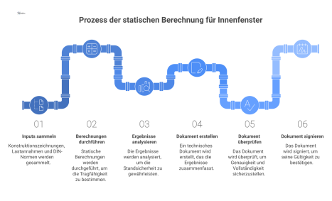 Flussdiagramm zum Prozess der statischen Berechnung für Innenfenster, das den Weg von den Inputs bis zum signierten Dokument zeigt.