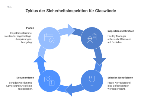 Infografik zum Prozess der Sicherheitsinspektion von Glaswänden, bei dem ein Facility Manager die Wand auf Schäden prüft.