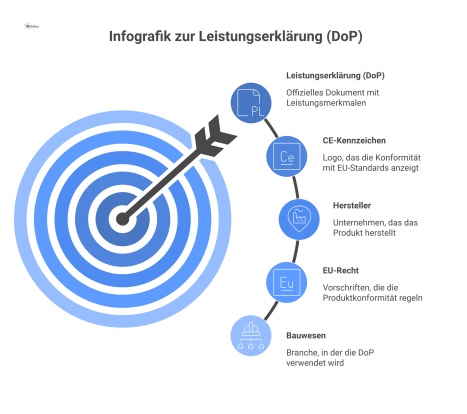 Infografik zur Leistungserklärung: Ein Dokument mit Leistungsmerkmalen führt über einen Pfeil zum CE-Kennzeichen, umgeben von relevanten Icons. 