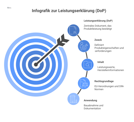  Infografik, die die Kernelemente der Leistungserklärung (DoP) darstellt: Zweck, Inhalt, Rechtsgrundlage und Anwendung, visualisiert mit passenden Icons.
