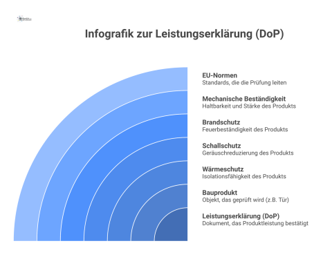 Infografik zur Leistungserklärung (DoP), die ein Bauprodukt wie eine Tür mit dessen Leistungsmerkmalen wie Wärmeschutz und Schallschutz verbindet. 