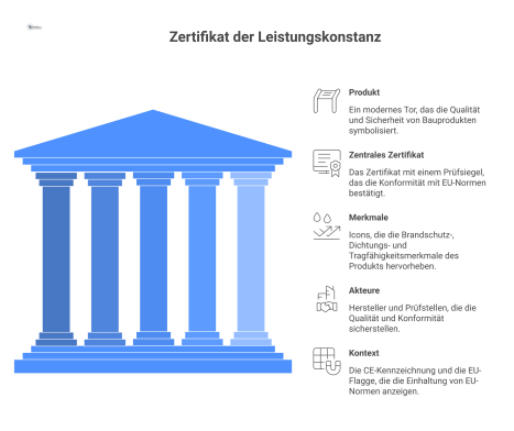 Infografik, die das Zertifikat der Leistungskonstanz für ein Torsystem zeigt, inklusive Icons für Brandschutz, Dichtigkeit und Tragfähigkeit.