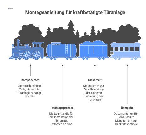 Mindmap zur Montageanleitung einer Türanlage mit Zweigen zu den Themen Komponenten, Montageprozess, Sicherheit und Übergabe an das Facility Management.