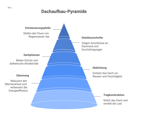 Technische Detailzeichnung des Querschnitts eines Dachaufbaus mit allen Schichten, Detailausschnitten für Anschlüsse und Pfeilen zur Darstellung des Gefälles.