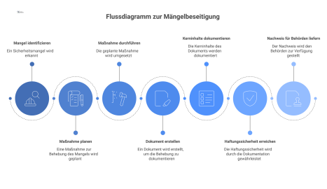 Infografik-Flussdiagramm zum Mängelbeseitigungsnachweis, das zeigt, wie die Elemente Maßnahme, Datum und Verantwortlicher zur Haftungssicherheit und zum Behördennachweis führen.