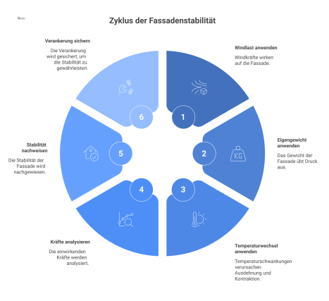 Technisches Querschnittsdiagramm einer Natursteinfassade, das die Verankerung der Platte und einwirkende Kräfte wie Wind, Eigengewicht und Temperatur zeigt.