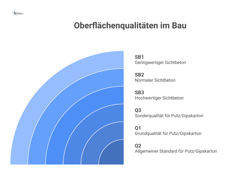 Oberflächenqualitäten im Bau Tabelle zu Oberflächenqualitäten im Bau für Putz/Gipskarton (Q1-Q3) und Sichtbeton (SB1-SB3), wobei Q2 als allgemeiner Standard hervorgehoben ist.