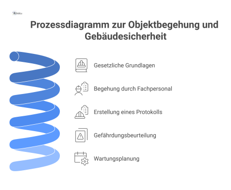 Prozessdiagramm, das den Ablauf einer Objektbegehung von der gesetzlichen Grundlage, über die Prüfung durch Fachpersonal, bis zum Ergebnisprotokoll darstellt.