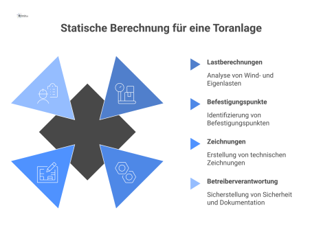 Infografik zur statischen Berechnung einer Toranlage, die Lastberechnungen, Befestigungspunkte, Zeichnungen und den Standsicherheitsnachweis nach DIN 18355 visualisiert.