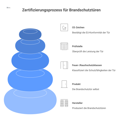 Diagramm zum Leistungskonstanz-Zertifikat, das den Prozess zwischen Hersteller, Produkt, Prüfstelle und dem finalen CE-Zeichen für Brandschutztüren darstellt. 