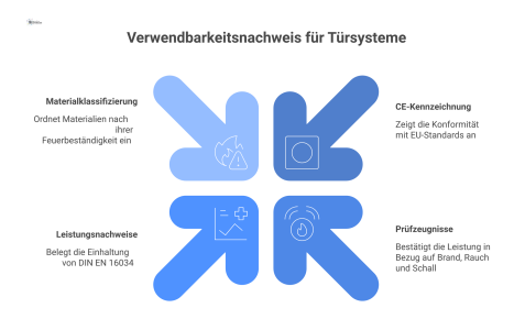 Diagramm zum Verwendbarkeitsnachweis für Türsysteme mit den Nachweisarten: CE-Kennzeichnung, Prüfzeugnisse, Leistungsnachweise und Materialklassifizierung. 
